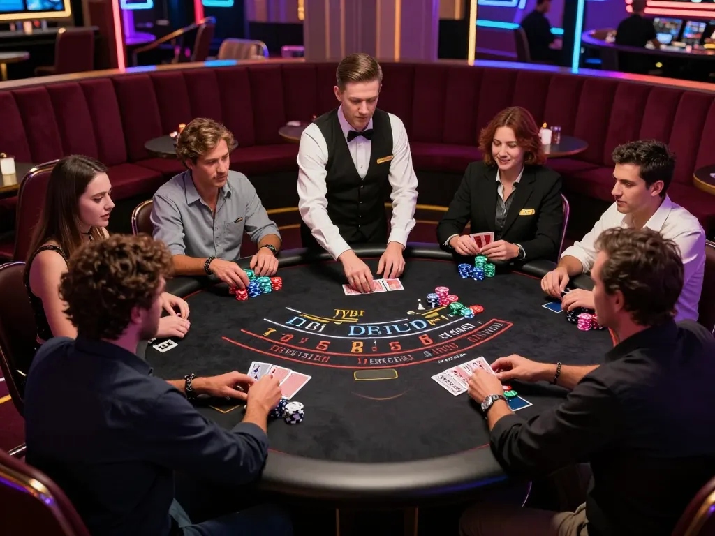 GG777 players strategizing their moves at an exciting blackjack table under vibrant casino lights.
