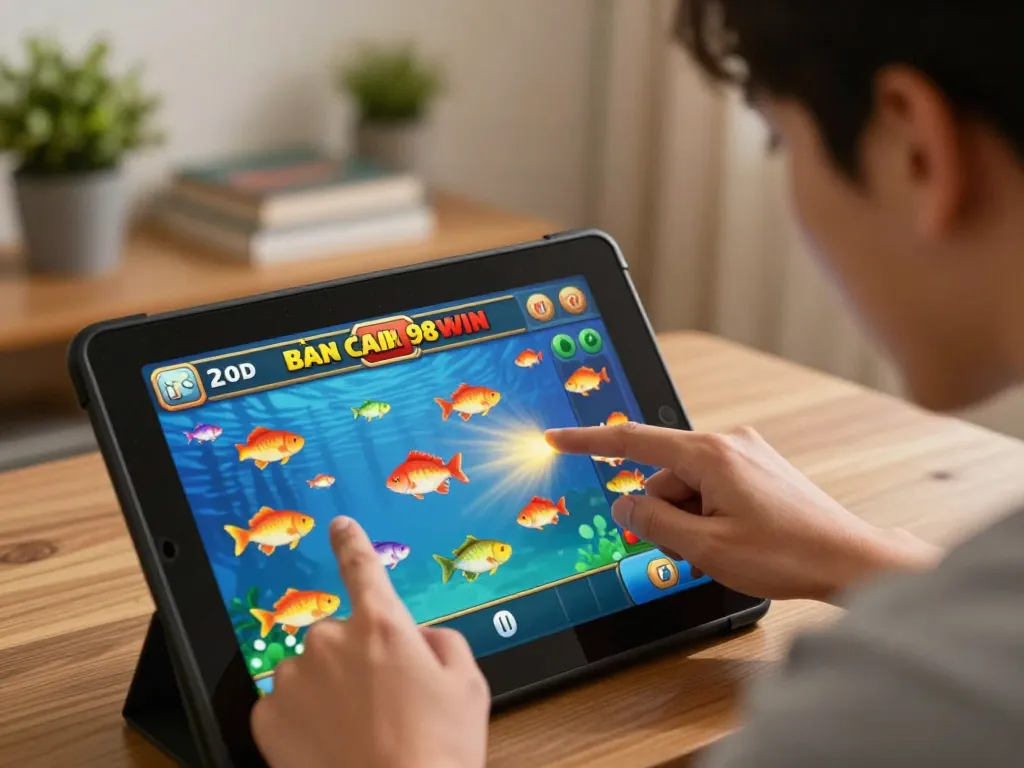 Bắn cá 98win game gameplay on a tablet with colorful graphics engaging the player at home.