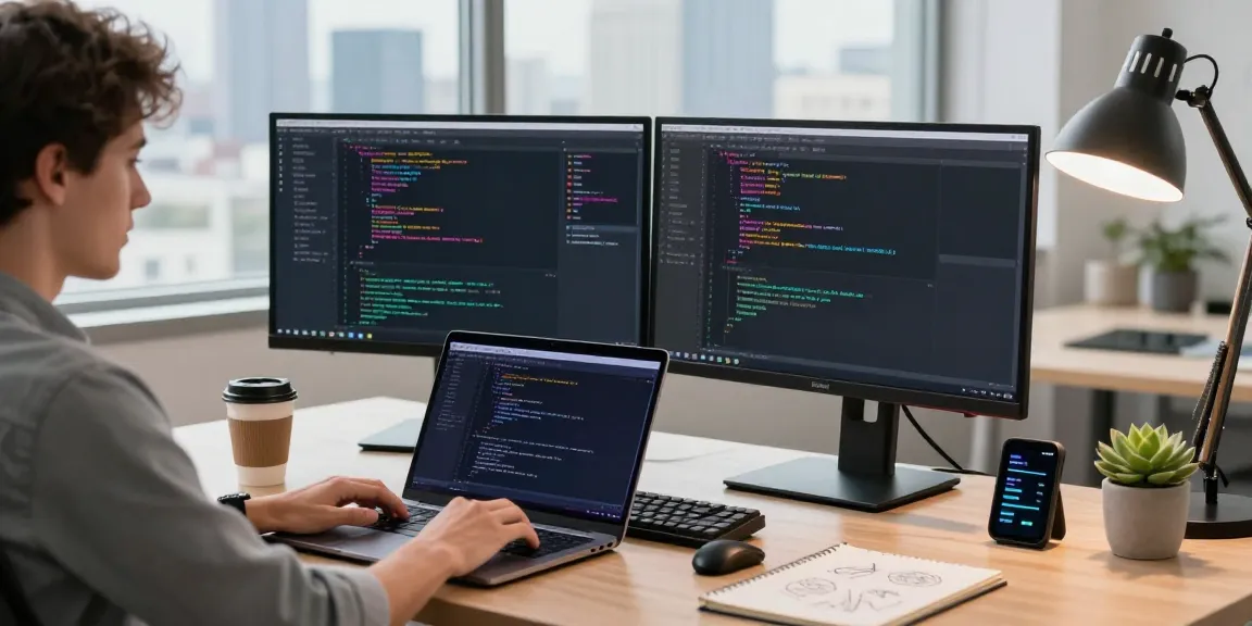 Developer coding at xn88nano.com workspace with dual monitors and natural light.