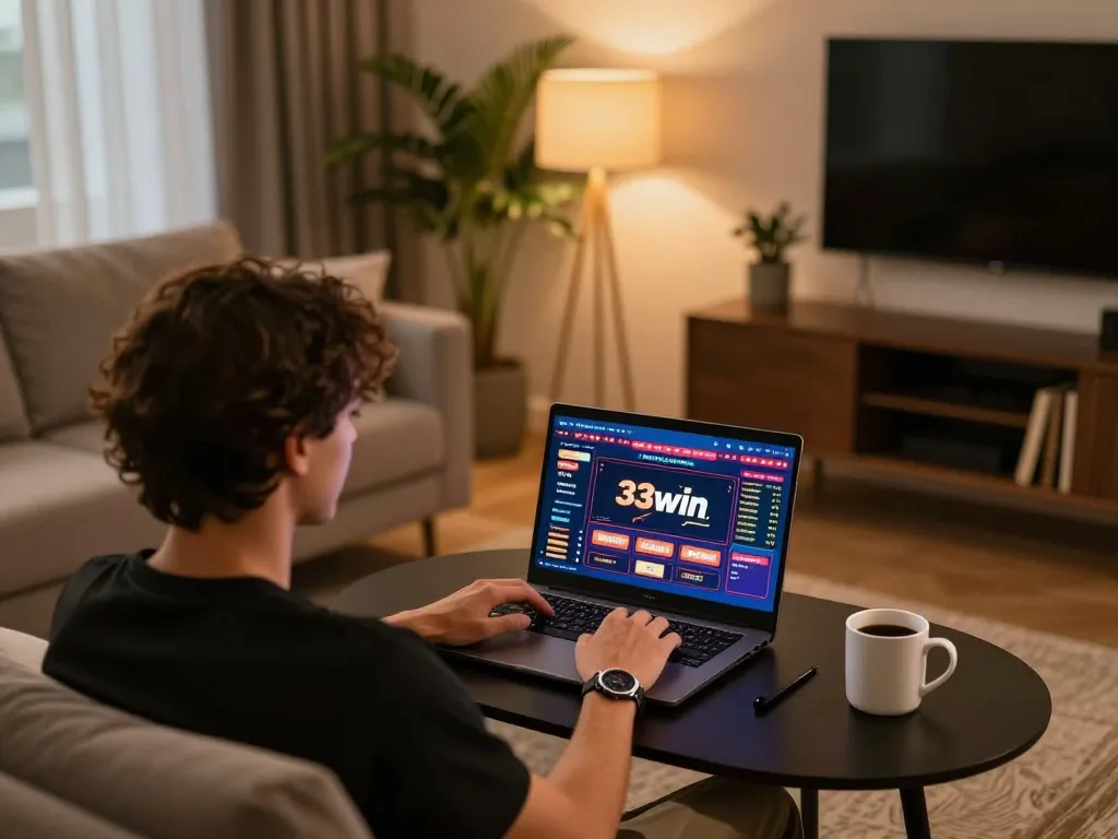 Engaging in online gambling at 33win with a cozy home gaming setup featuring a laptop and casino interface.