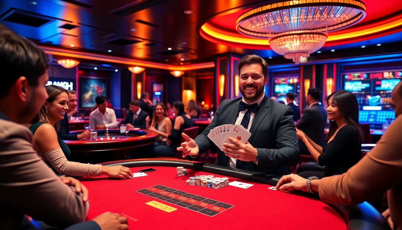 Exciting gaming atmosphere at GG88 with a live dealer and enthusiastic players at a poker table.