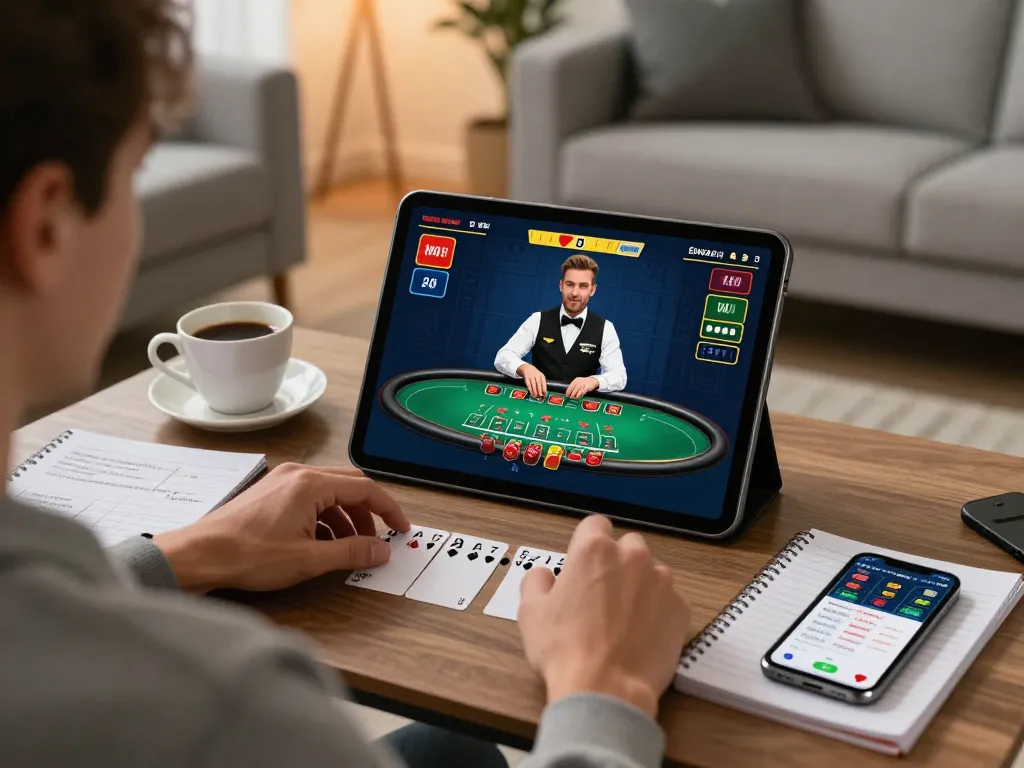 Engaging in a dynamic DEBET online blackjack game on a tablet in a cozy home setup, showcasing strategic betting.