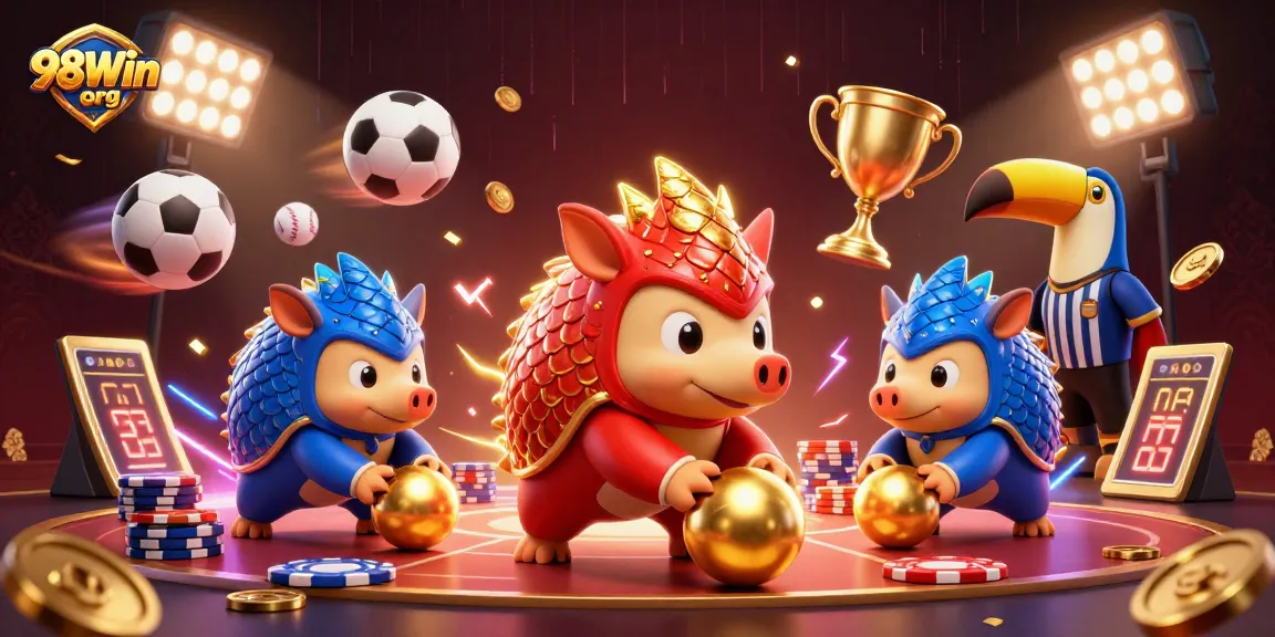 Engage with the thrilling 98Win org casino action featuring colorful pangolins competing in a card-themed setting.