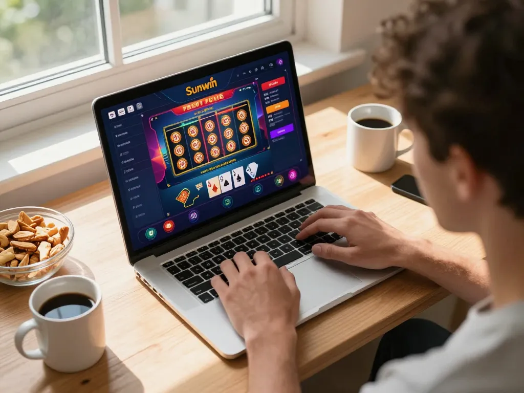 Player engaging in online gaming at Sunwin with gaming interface visible and a cozy atmosphere