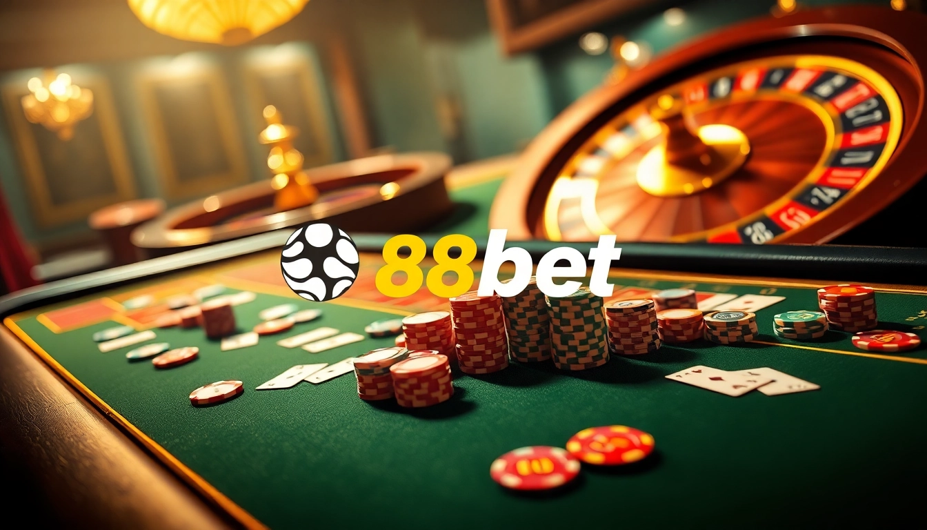 Experience the excitement of gaming at 88bet with vibrant chips and cards on a luxurious casino table.
