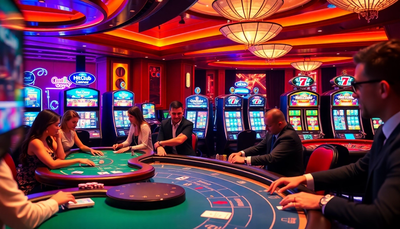Hitclub players engaging at casino tables with vibrant graphics and winning excitement.