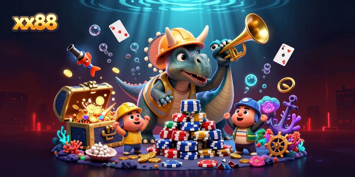 xx88's exciting casino action features a triceratops building poker chip pyramids amid colorful underwater elements.