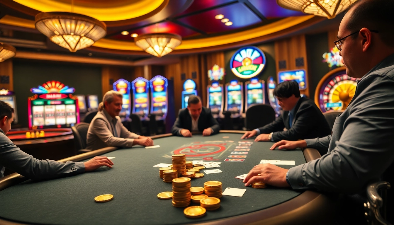 Exciting poker action at a lavish casino showcasing https://tg88u.com/ with vibrant tables and colorful slot machines.