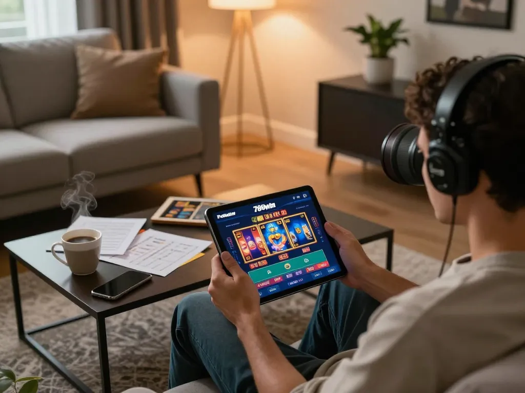 The engaging experience of playing the 789win 37 casino app on a tablet while relaxing on a stylish sofa at home.