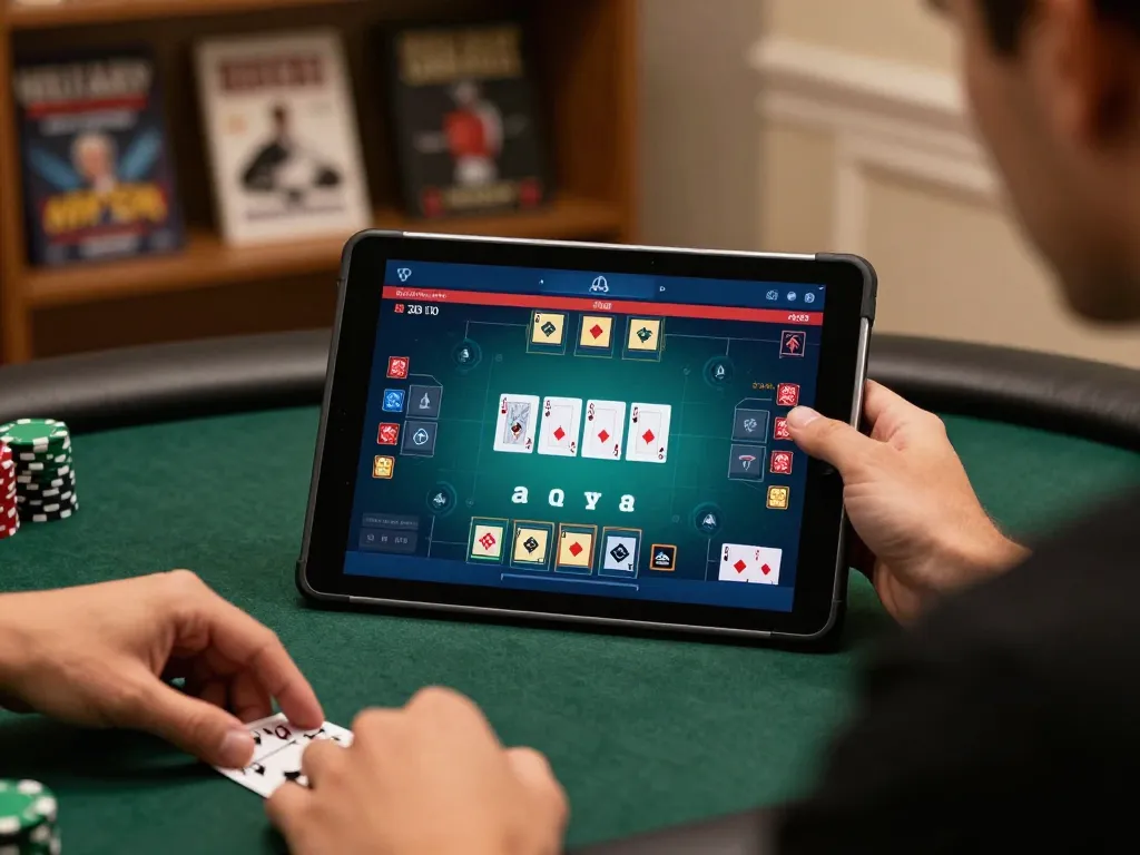 SIN88 user engaged in online poker at home, focusing on strategy and gameplay using a tablet