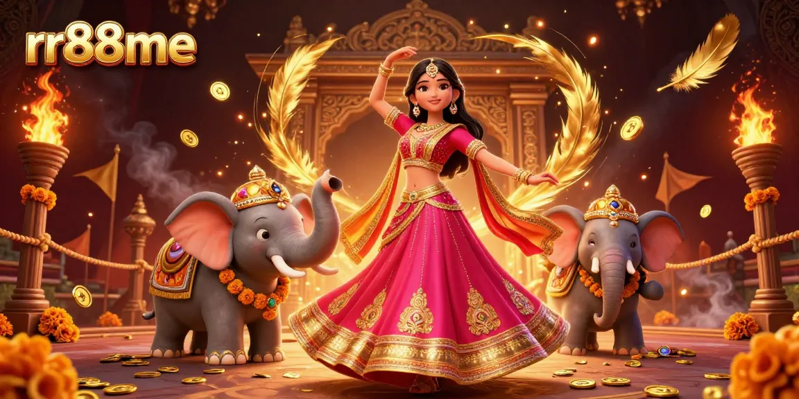 Engage with vibrant betting on rr88me as an Asian woman dances with gold coins and a bejeweled elephant.
