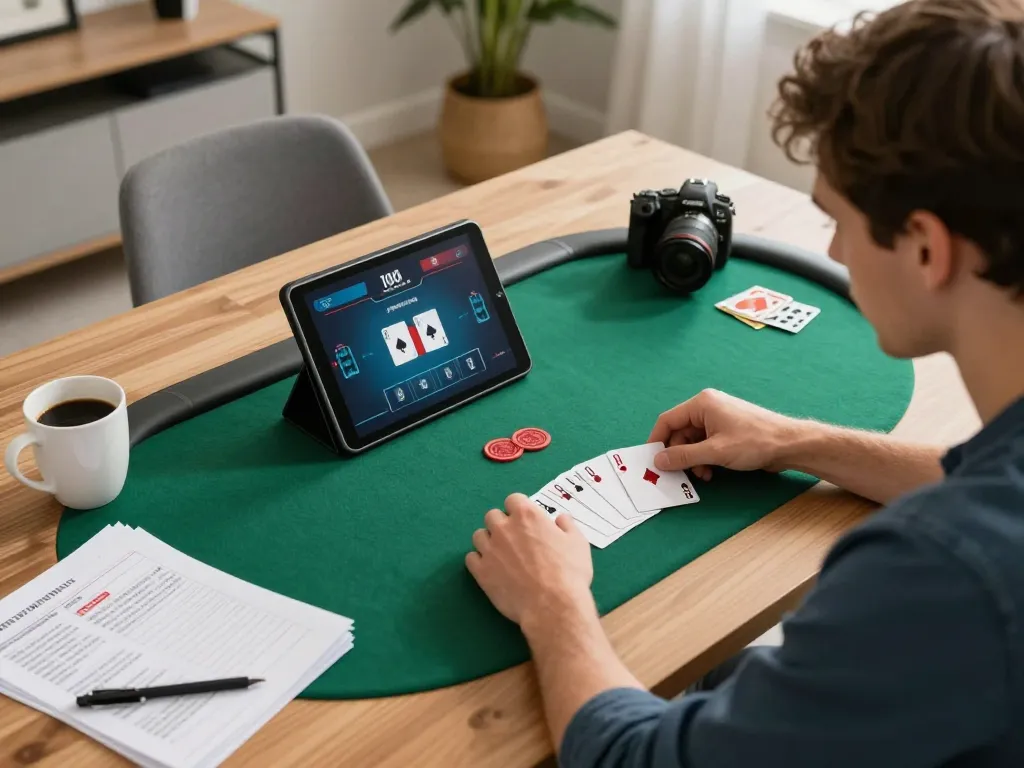 Duitgini online player engaged in poker strategy and gameplay, capturing focused moments in a cozy home setting.