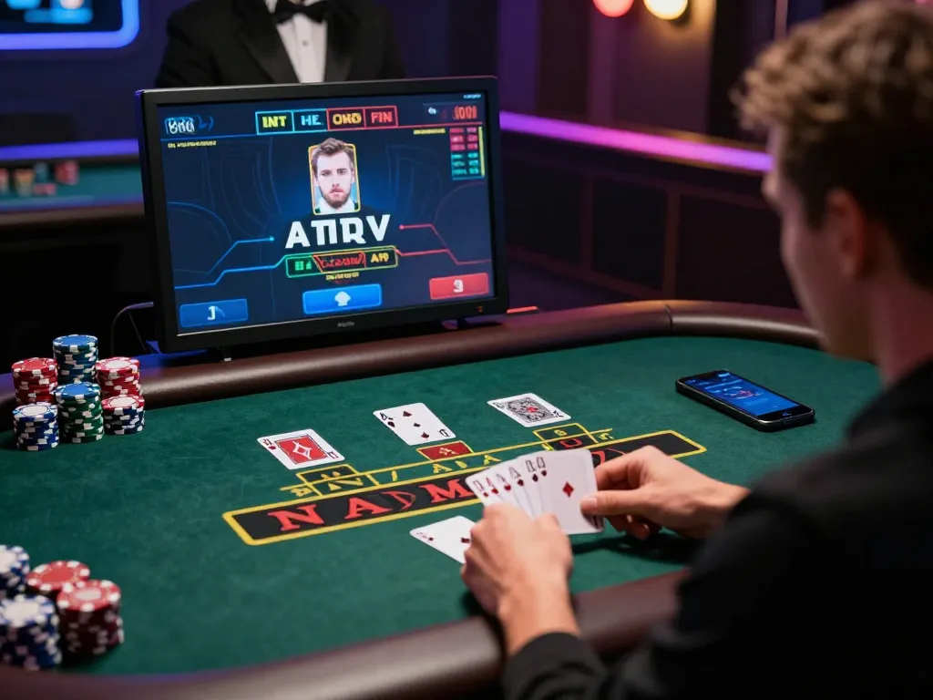 Player placing bets on SC88 while celebrating a blackjack win at an upscale online casino.