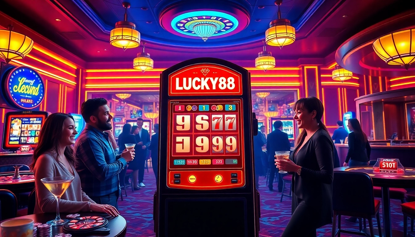 Players enjoying the LUCKY88 slot machine amid casino glamour and excitement