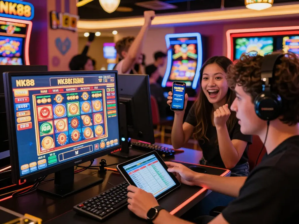 Exciting NK88 online casino gaming scene with diverse players celebrating wins and strategizing.
