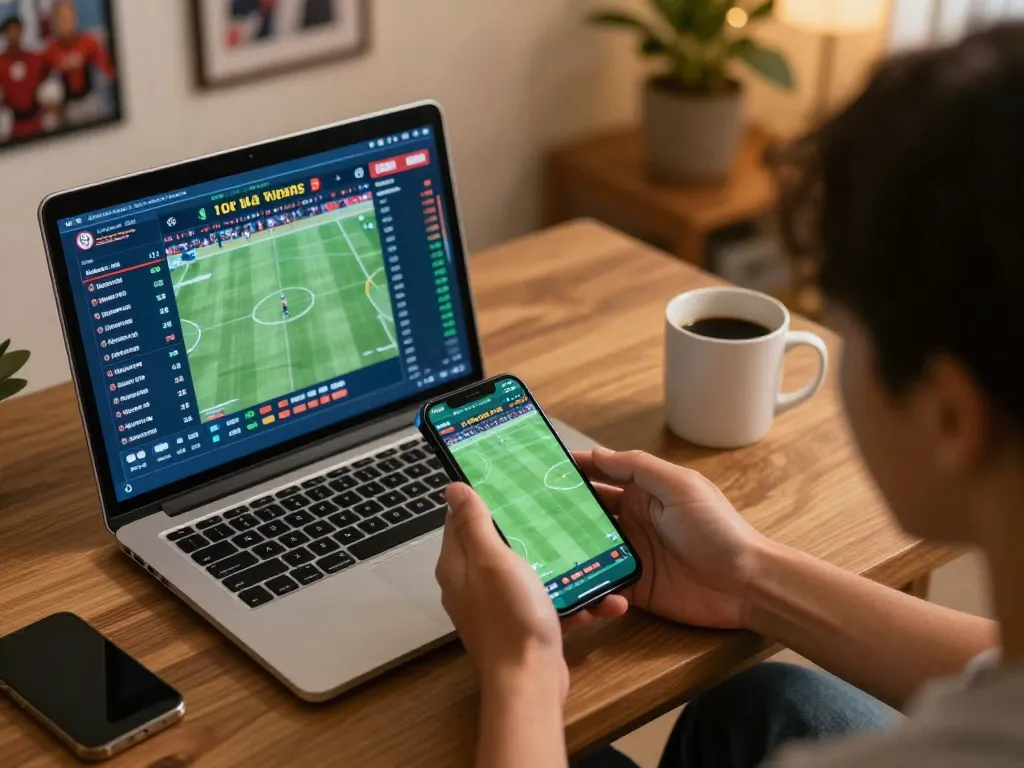 Engaging in live sports betting on fabet com smartphone in a cozy home setup.