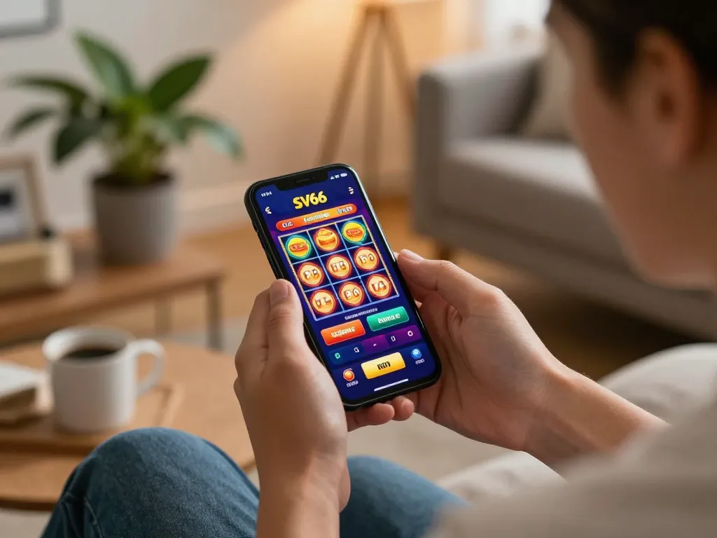 Gaming on the SV66 app showcasing exciting slots in a cozy home setting.