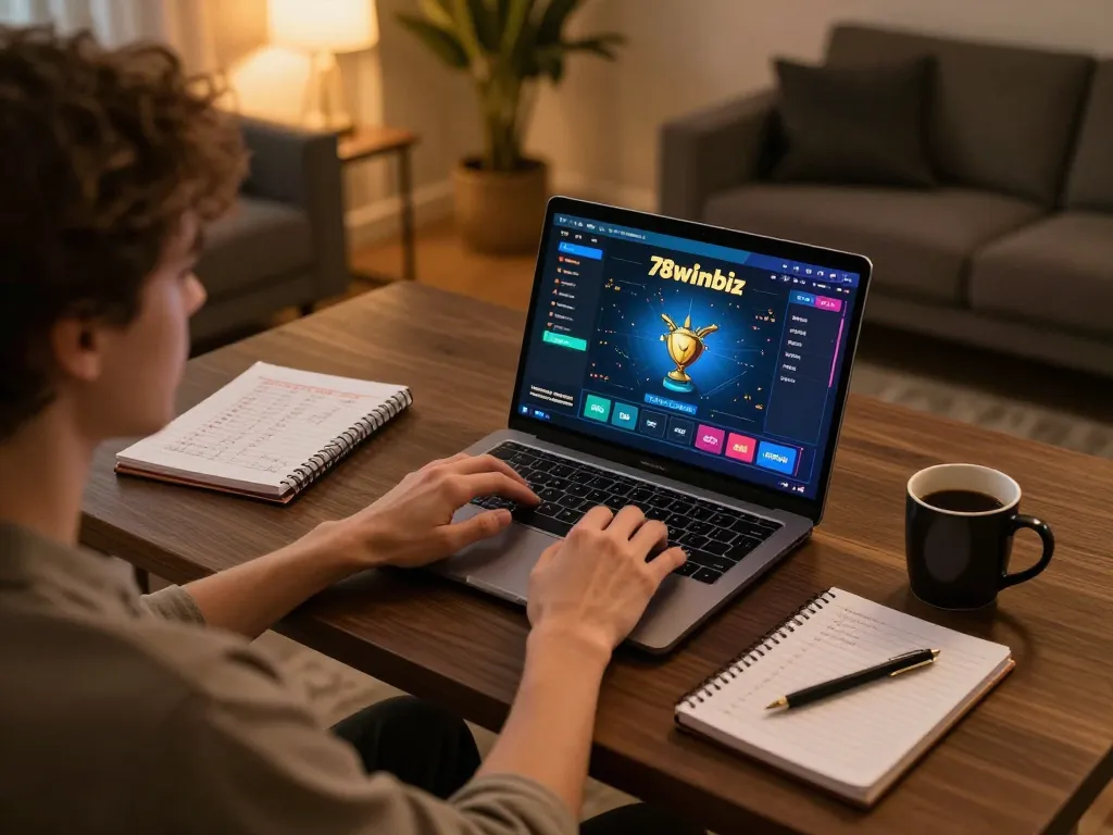 Gamer exploring winning strategies on 78winbiz from a comfortable home setup.