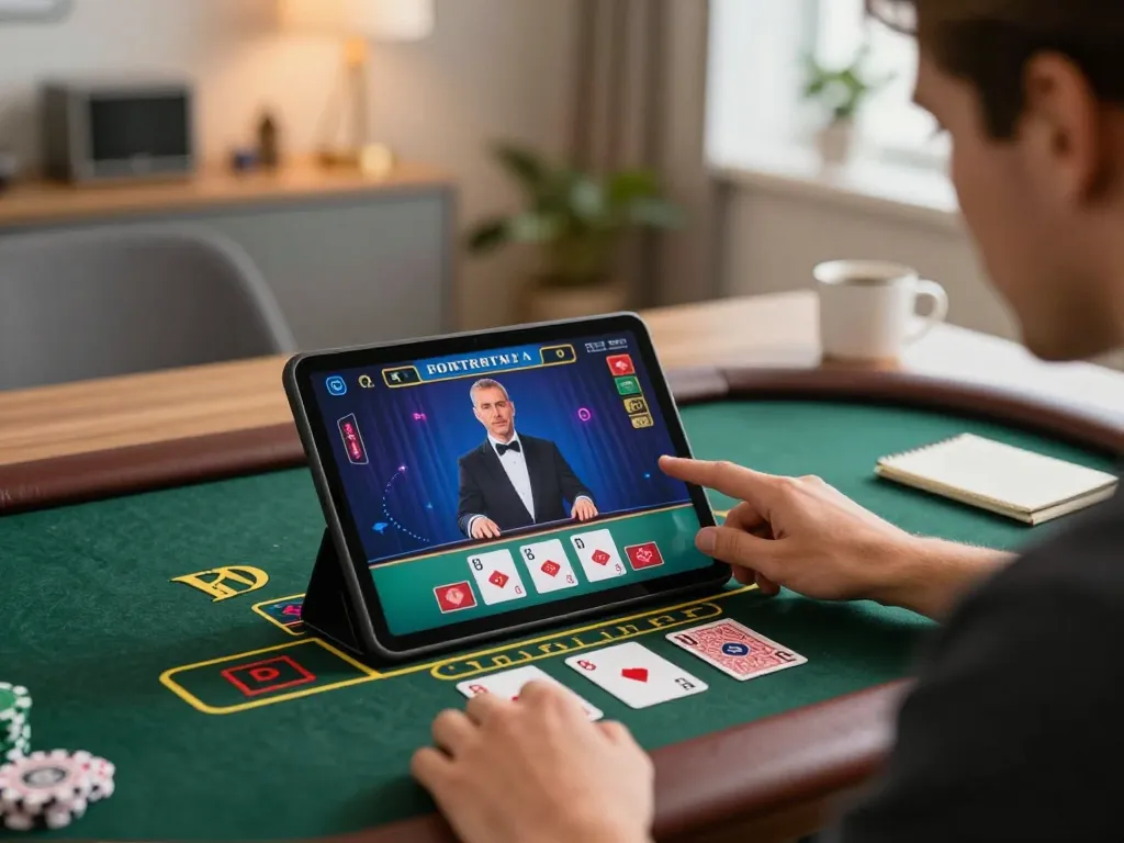 Player engaging with SC88 live dealer baccarat game on tablet in stylish home office