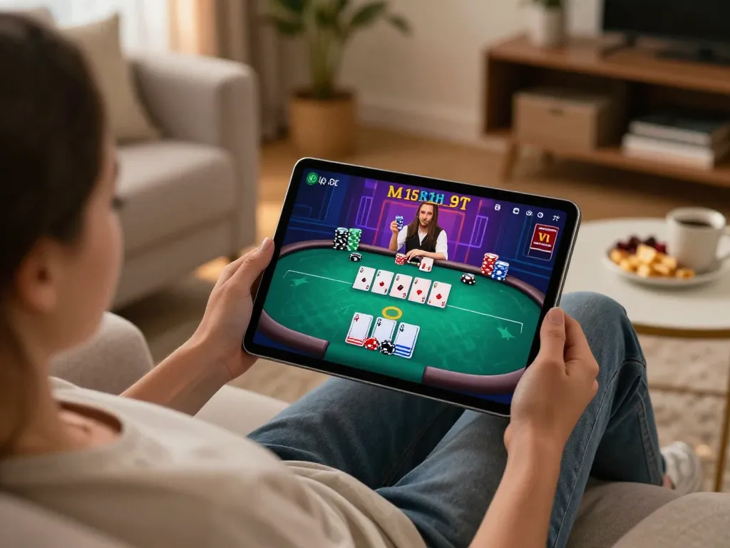 Play poker online with good88 on a tablet in a cozy living room setting, engaging gaming atmosphere.