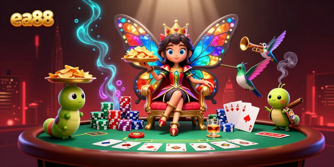 ea88 pulses excitement with a 3D butterfly queen and poker-themed festivities in a lively casino scene.