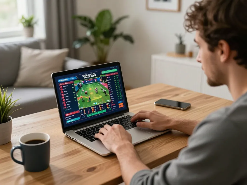 Player engaging in sports betting at home using the o8net3 platform, highlighting strategic analysis.