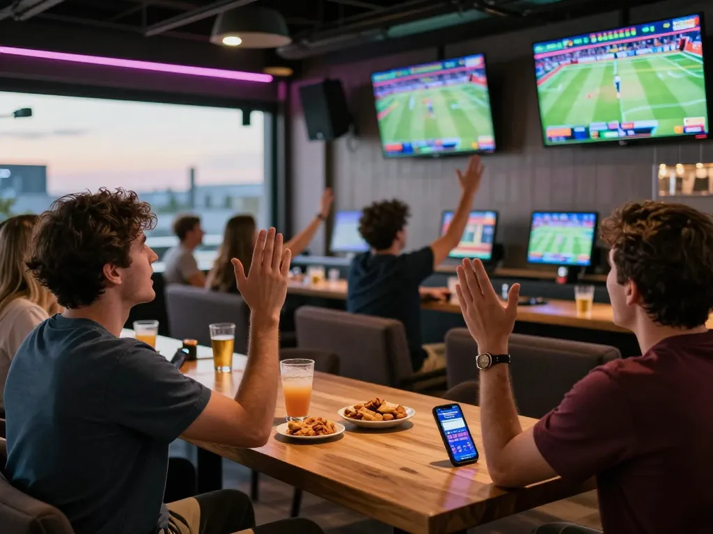 Betting excitement at 888new sports bar with patrons engaged in live games.