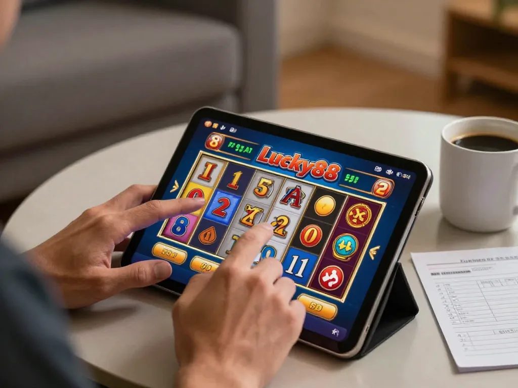 Player enjoying stimulating gameplay on Lucky88 slot game on a tablet, showcasing excitement and strategy in a cozy setting.