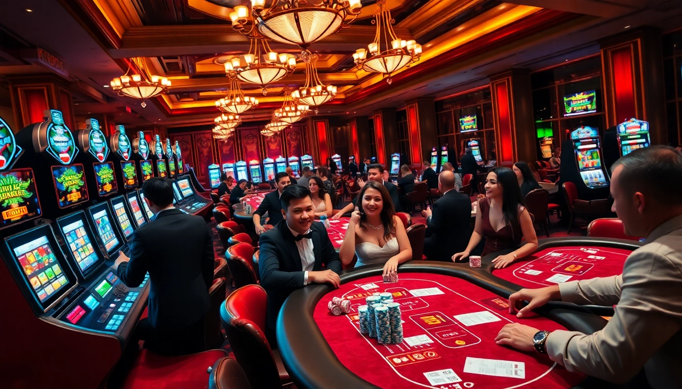 Players experiencing excitement at kp88 casino tables with vibrant lights and luxury decor.
