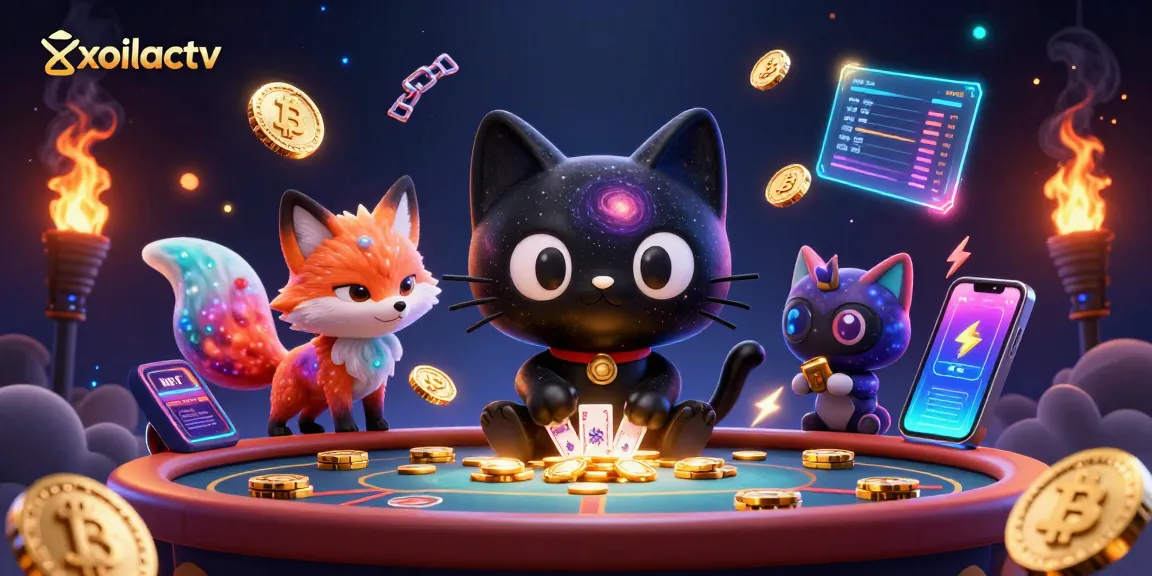 Engaging illustration of xoilactv showcasing a cosmic casino with vibrant characters and crypto elements.