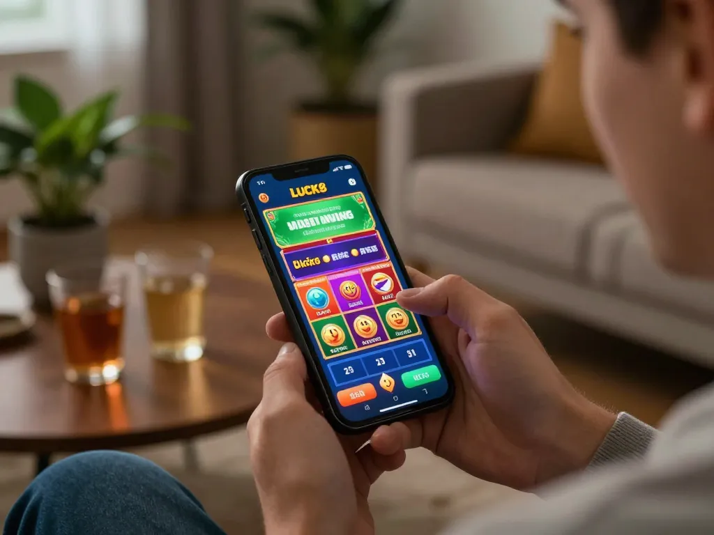 Player engaging with the LUCK8 mobile app while placing bets, showcasing vibrant game interface.
