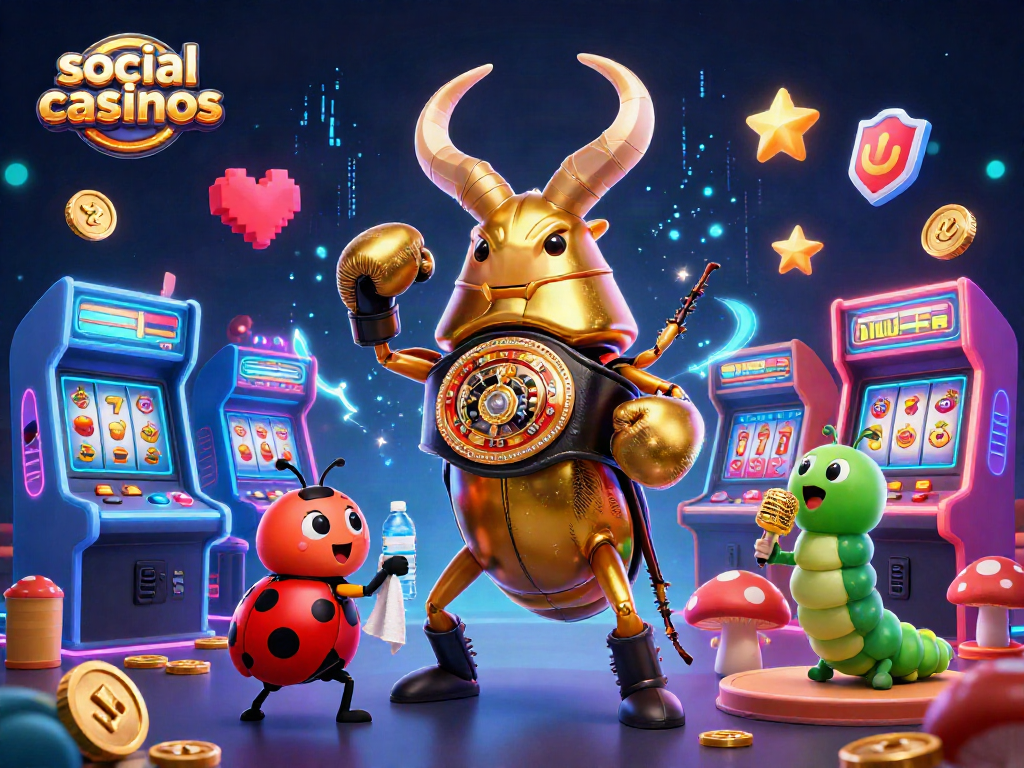 Engage with social casinos featuring a powerful stag beetle champion battling in vibrant, arcade-like scenery.
