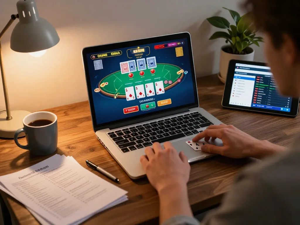 Person playing blackjack on laptop with TV88 interface, illustrating engaged online gaming.