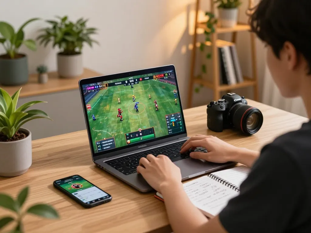 Hình ảnh mô tả một thiết lập trò chơi trực tuyến hấp dẫn với đá gà thomo HD trên máy tính xách tay, thể hiện lối chơi chiến lược và không khí thư giãn.