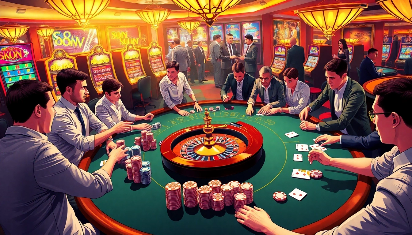 Players strategizing at a vibrant poker table in a casino scene from s8mx com, showcasing excitement and luxury.