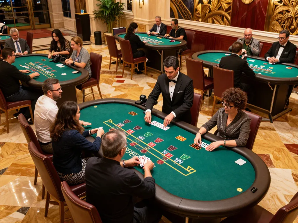 Fly88 players strategizing during an intense blackjack game, with cards on the table and engaging atmosphere