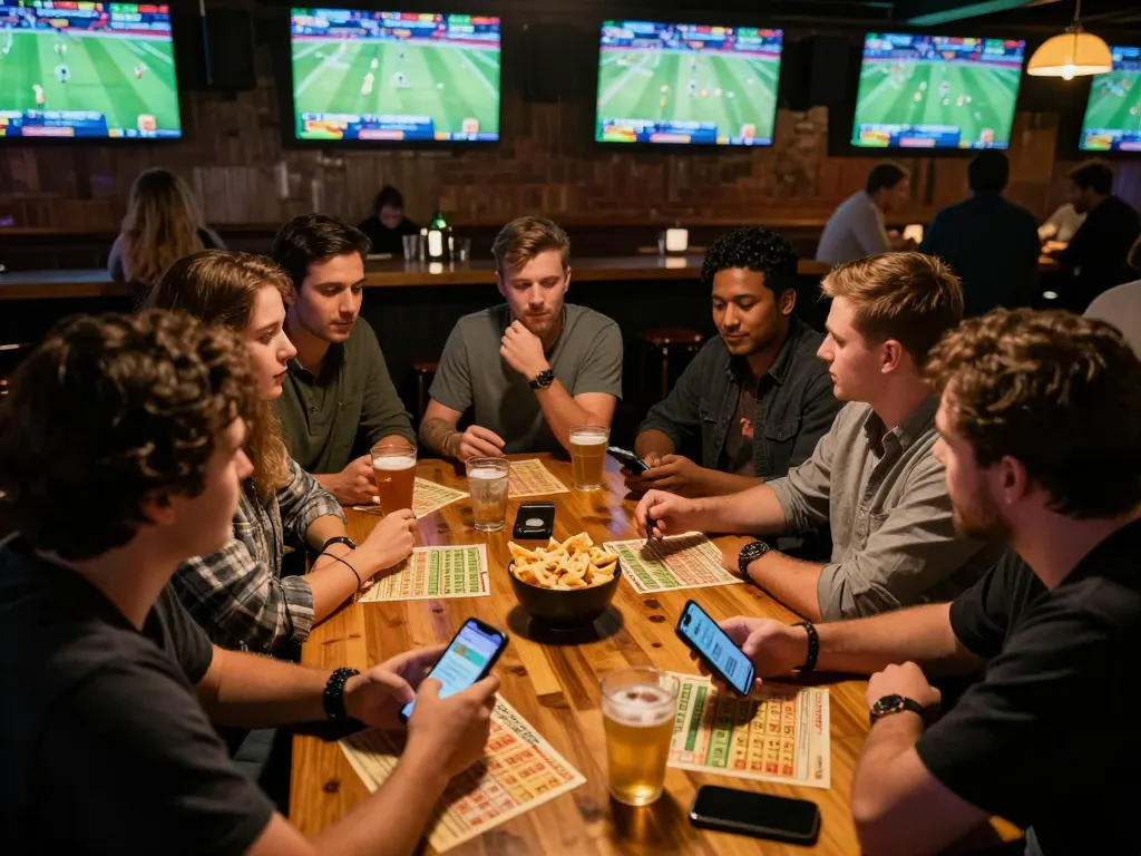 KQBD sports betting excitement with friends analyzing odds and strategies in a lively sports bar