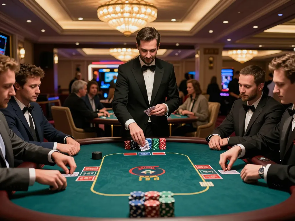 Engaging scene of players at a poker table in a luxurious setting at casino 88vv, showcasing strategic gameplay dynamics