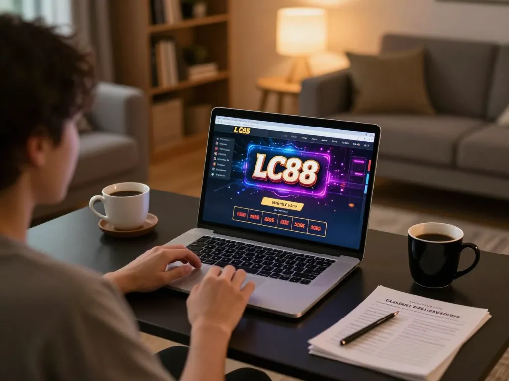 Person gaming on LC88 com online casino in a cozy home environment, showcasing a laptop with betting interface.