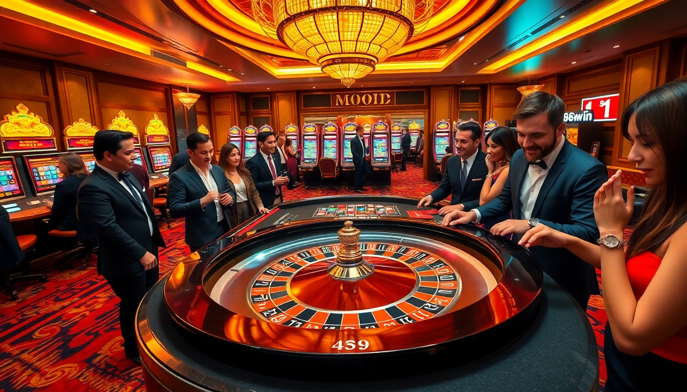 A dealer spins the roulette wheel while excited players gather at the 98win casino table.