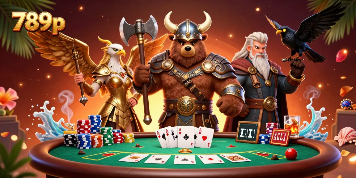 Play thrilling poker with 789p featuring a Viking berserker and Valkyrie eagle amidst poker chips.