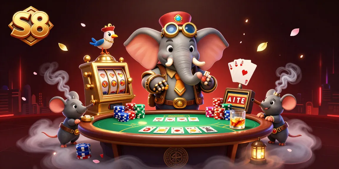 S8 showcases a vivacious steampunk elephant at a lively casino, expertly spinning a slot machine