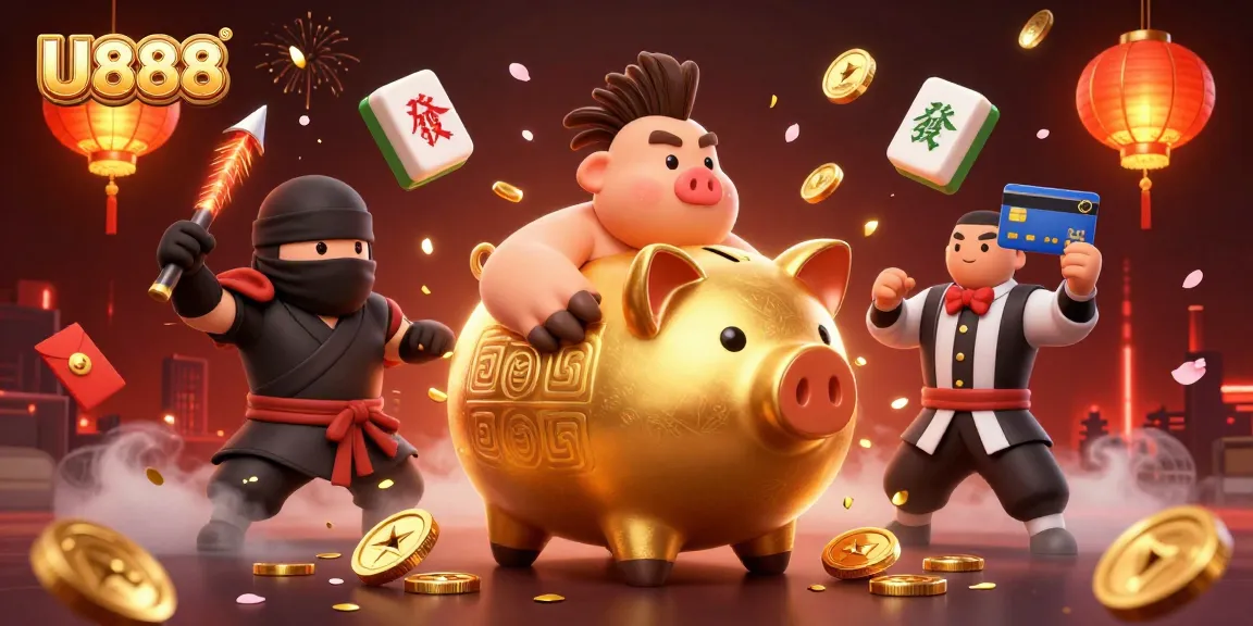 U888 offers a thrilling gaming experience with a vibrant 3D casino illustration featuring dynamic characters and elements.