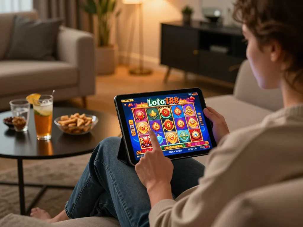 Player enjoying loto188 slots on tablet in a cozy home setting with snacks