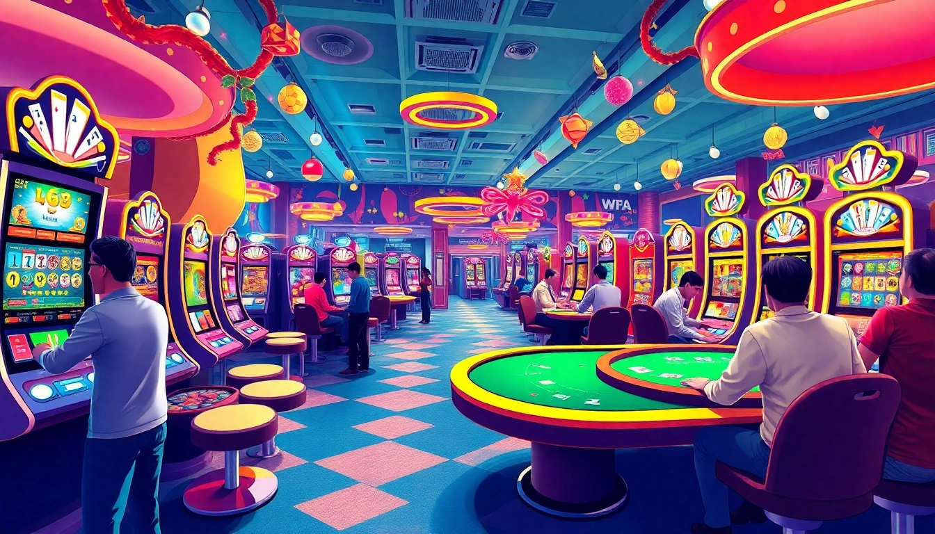 Experience the thrilling ambience of B52Club at https://b52clubb.com/ with vibrant slot machines and engaged players in a virtual casino setting.