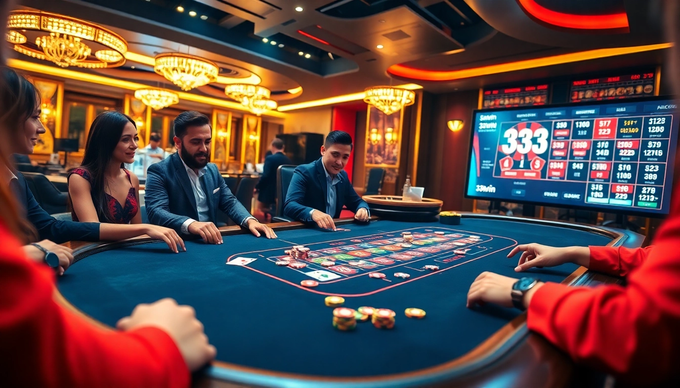 Players engaging in high-stakes poker at 33win, showcasing vibrant chips and cards on a luxurious table.