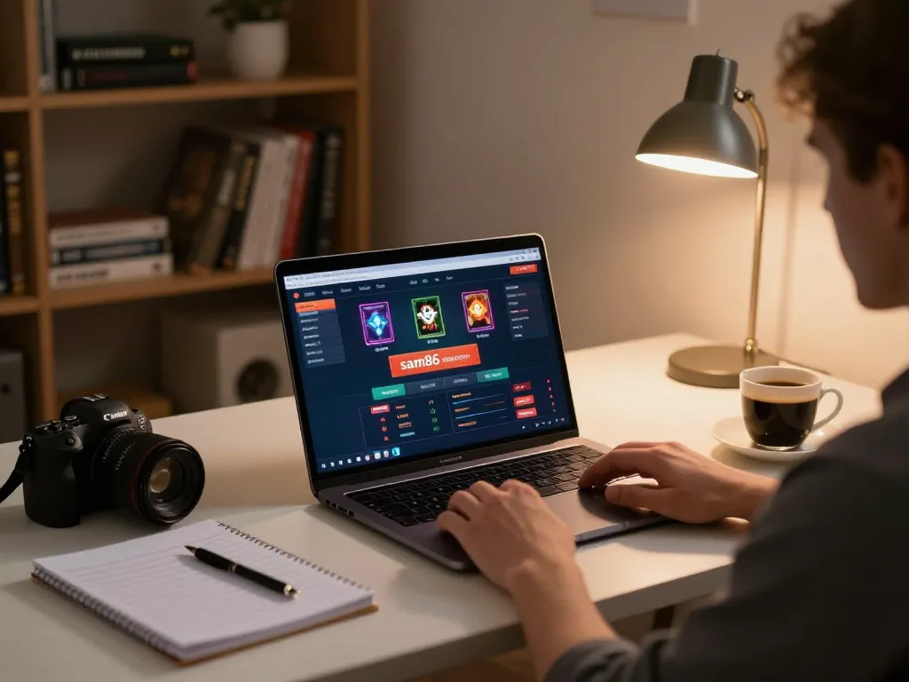 Player enjoying strategic gameplay on sam86 online casino platform, cozy home gaming setting, warm lighting