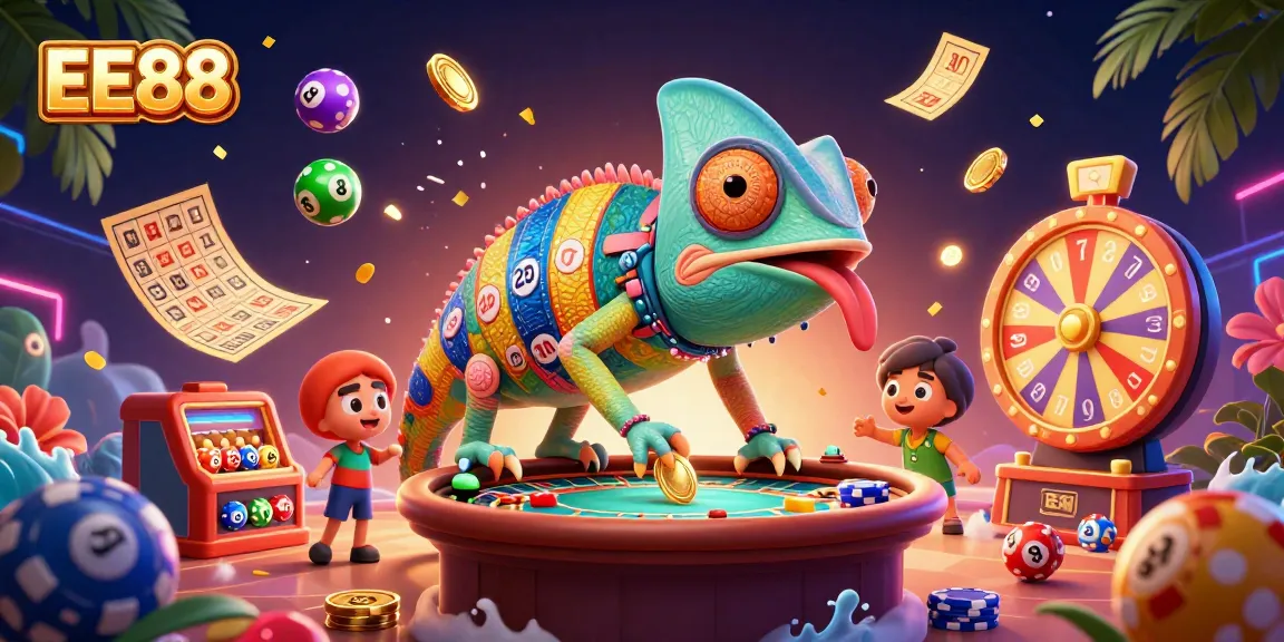 Engage with EE88's vibrant gambling experience featuring a colorful chameleon casino owner amidst lottery elements and dynamic prizes.