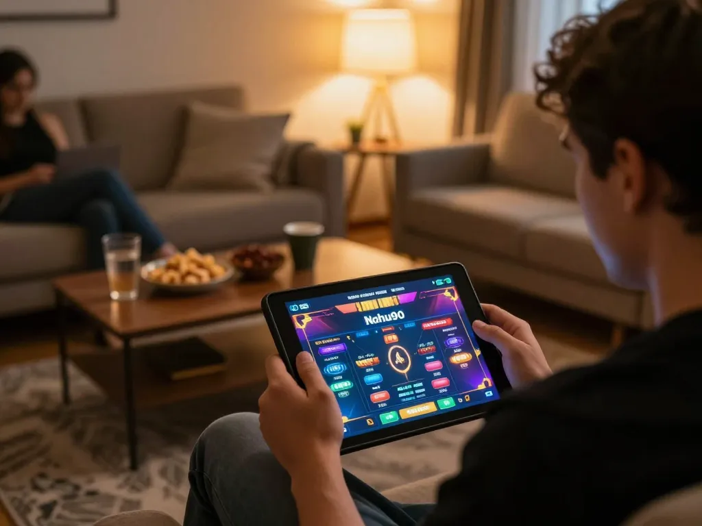 Engaging with nohu90 online gaming on a tablet in a cozy living room setting