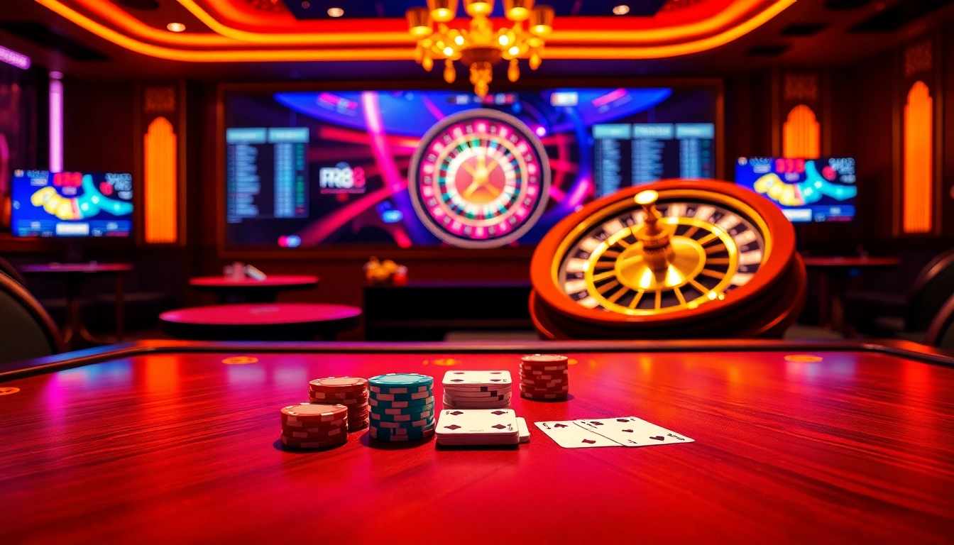 Experience the excitement of rr88 đăng nhập at an online casino poker table with vibrant neon lights and chips.